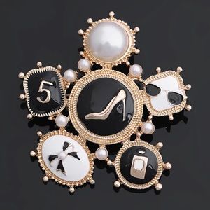 Gold Black White Charm Brooch